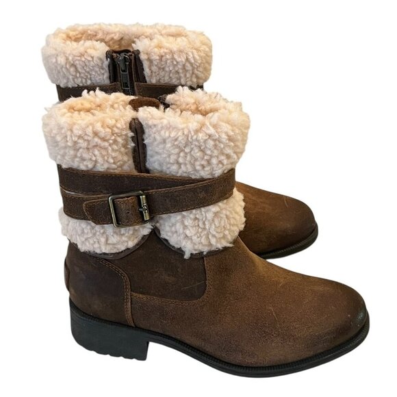 UGG Blayre III Brown Chipmunk Leather Sheepskin Buckle Zip Moto Boots - Picture 2 of 16